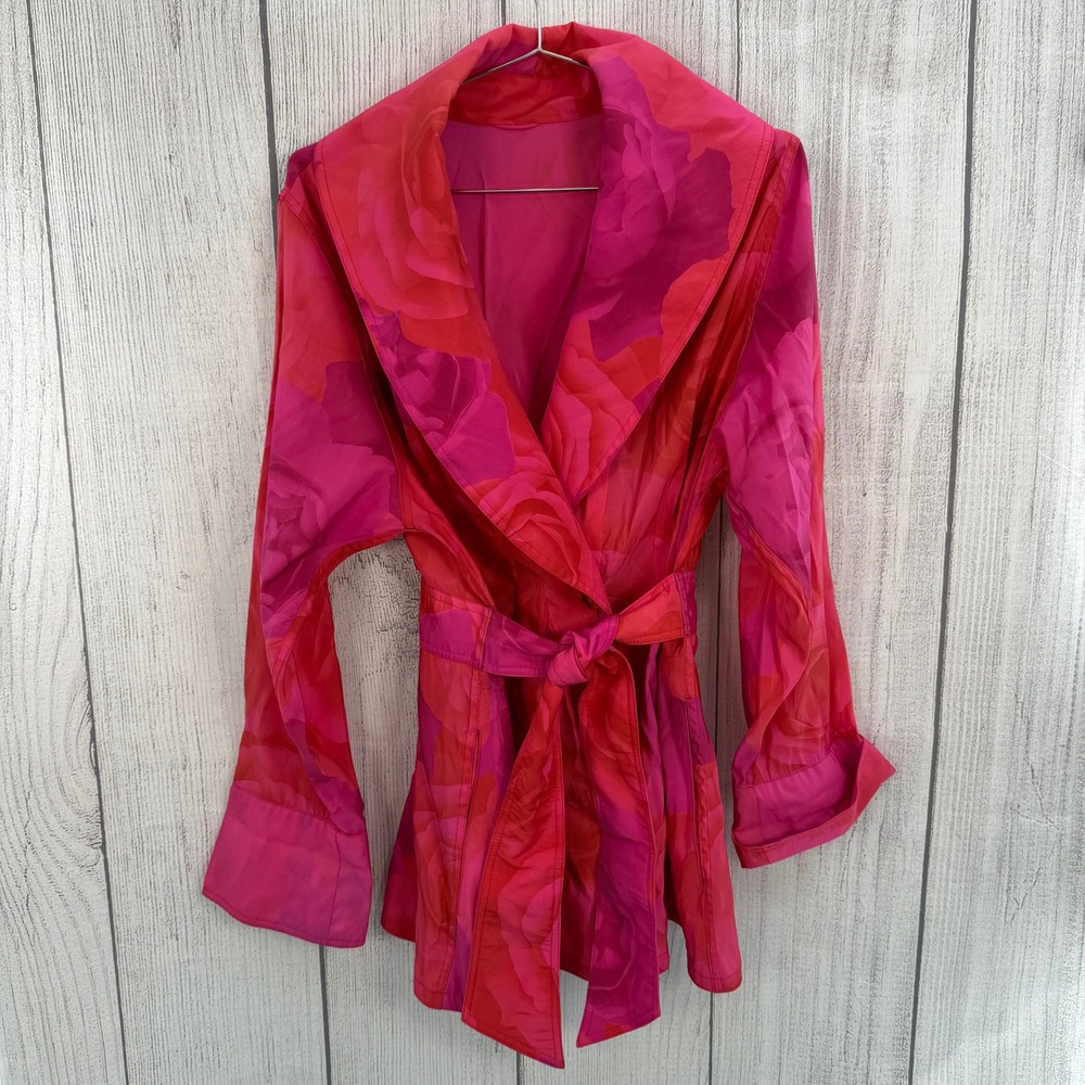 Mycra Pac Now Rain Jacket 0 Petite Pink Red Reversible Floral Rose Belted Coat
